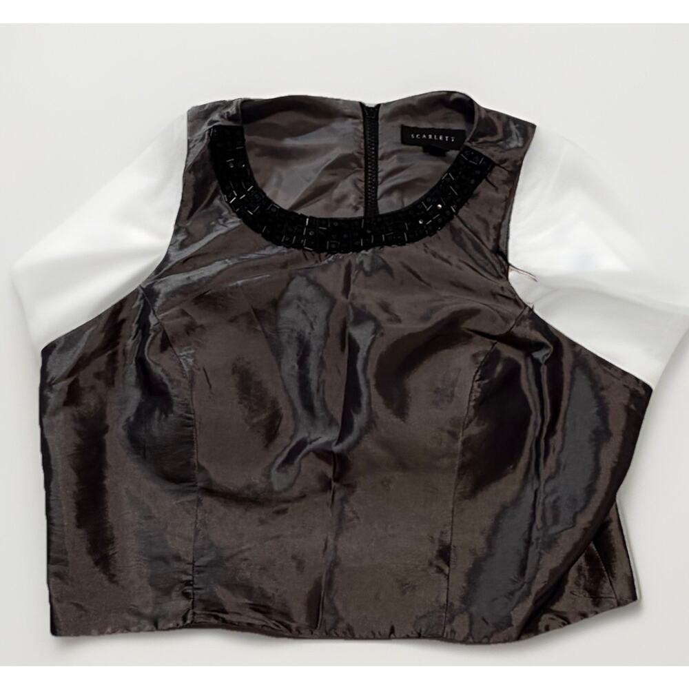 Scarlett Gray Black Satin Beaded Cropped Blouse Round Neck Sleeveless 14T NWT